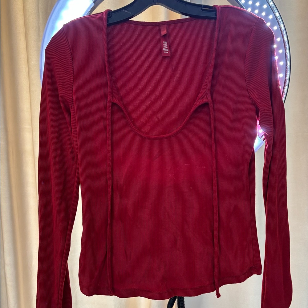 SKIMS Red Tie Front Fitted Long Sleeve Blouse